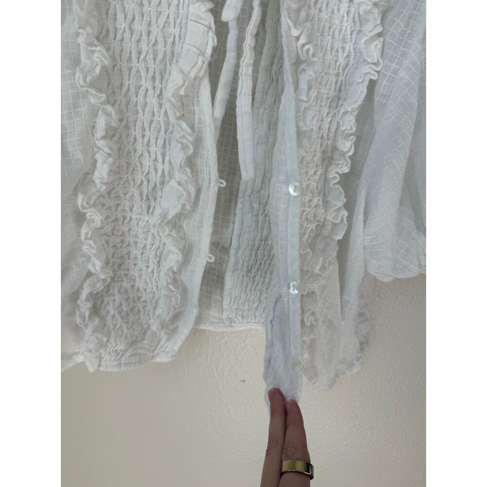 Innika Choo Smocked Ruffle Puff Sleeve Cutout Button Up Peasant Top - Picture 8 of 8